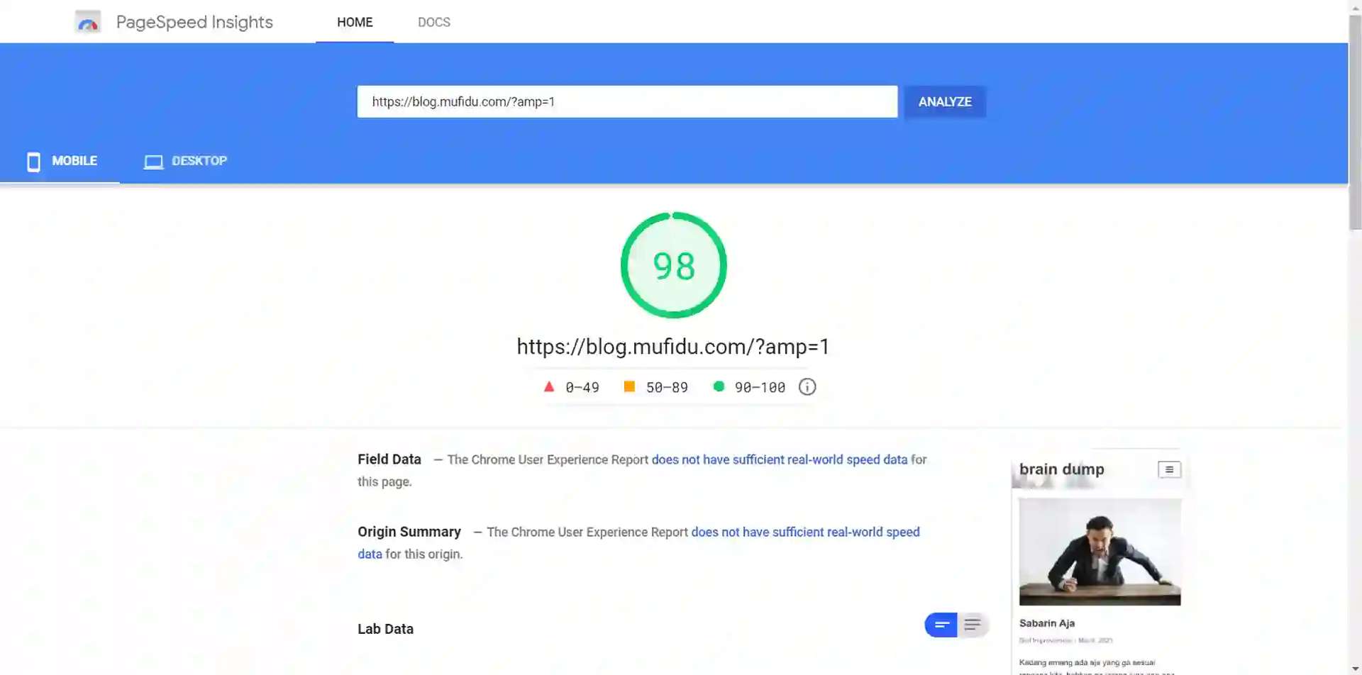 pagespeed test result